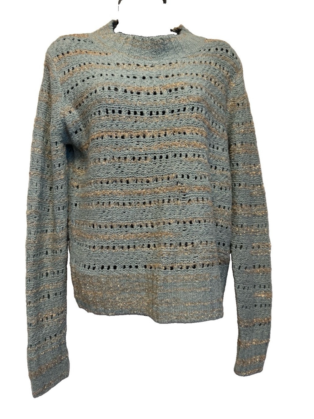NWT Hinge Nordstrom Metallic Open Knit Mock Neck Sweater Blue Resort Combo Sz S
